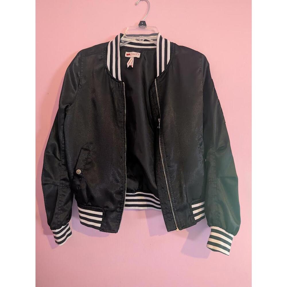 Poof! Black striped polyester varsity jacket